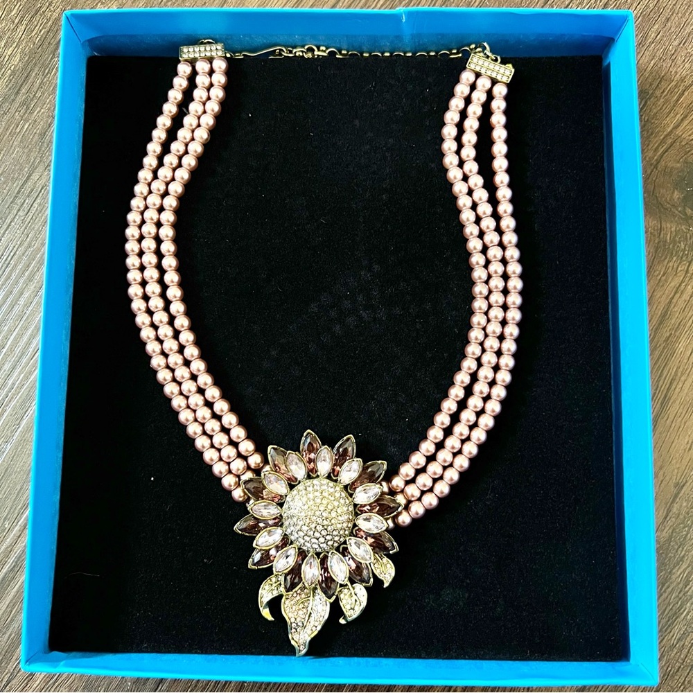Heidi Daus Pink Pearl Necklace with Gold Sunflower Pendant